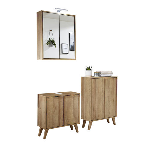 Fackelmann Finn Badmöbel Set mit Spiegelschrank und Midischrank Ast Eiche, 60cm
