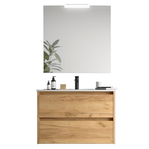 Santa Nova Set aus Waschtisch, Unterschrank und LED-Spiegel, 90cm, Eiche Afrika
