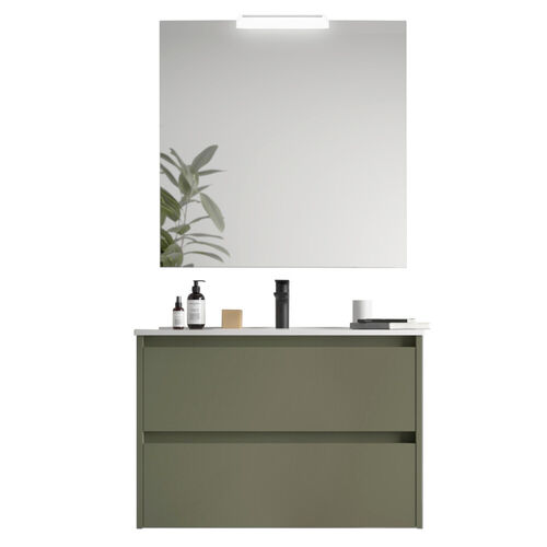 Santa Nova Set aus Waschtisch, Unterschrank und LED-Spiegel, 90cm, Grün Satin