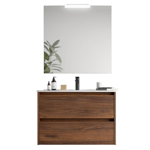 Santa Nova Set aus Waschtisch, Unterschrank und LED-Spiegel, 90cm, Nussbaum