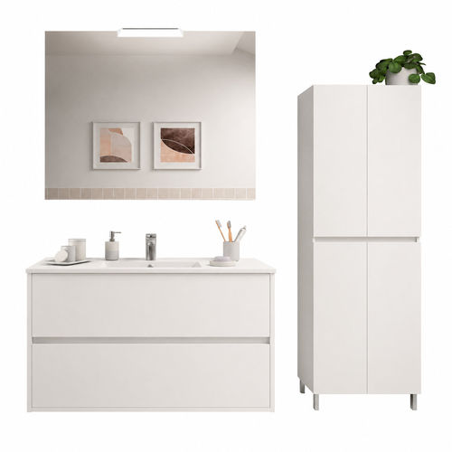 Santa Nova Komplett Set Waschplatz Spiegel und Hochschrank 100cm, Weiß Satin