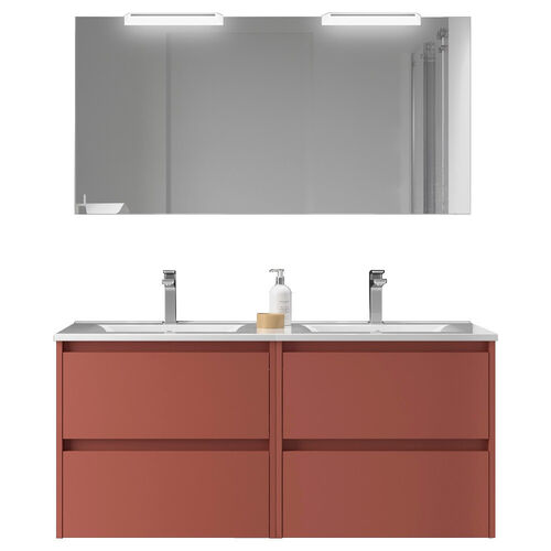 Santa Nova Set aus Doppelwaschtisch, Unterschränke und LED-Spiegel, 120cm, Rot Satin