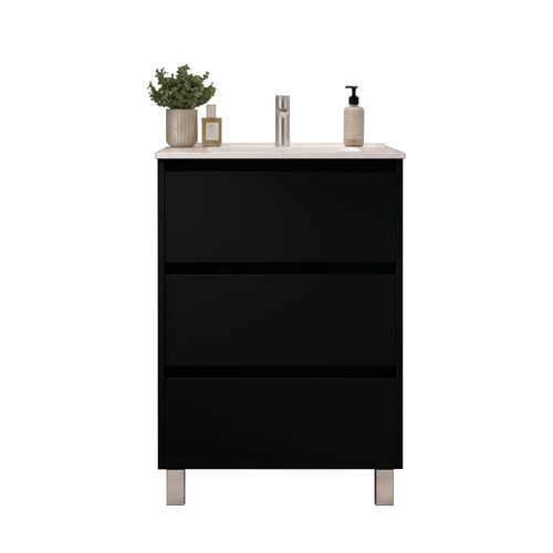 Santa Nova Badmöbel-Set Waschtisch mit Unterschrank bodenstehend 60cm, Schwarz Satin