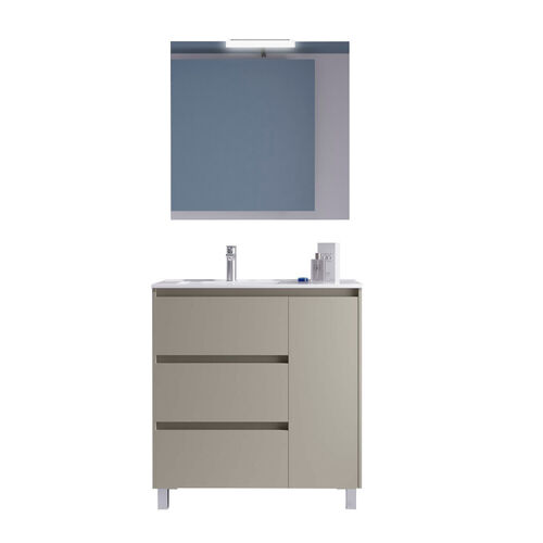 Santa Nova Badmöbel-Set bodenstehend 90cm mit Ablage rechts + LED-Spiegel, Grau Satin