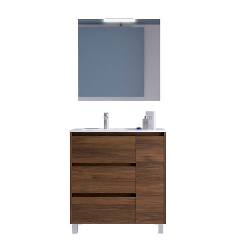 Santa Nova Badmöbel-Set bodenstehend 90cm mit Ablage rechts + LED-Spiegel, Nussbaum