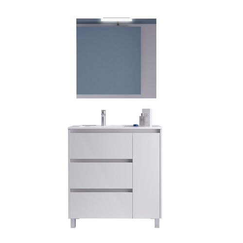Santa Nova Badmöbel-Set bodenstehend 90cm mit Ablage rechts + LED-Spiegel, Weiß Satin
