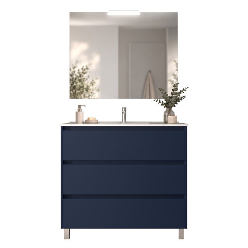 Santa Nova Badmöbel-Set Waschtisch mit Unterschrank bodenstehend, LED-Spiegel 100cm, Blau Satin