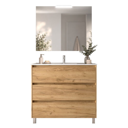 Santa Nova Badmöbel-Set Waschtisch mit Unterschrank bodenstehend, LED-Spiegel 100cm, Eiche Afrika