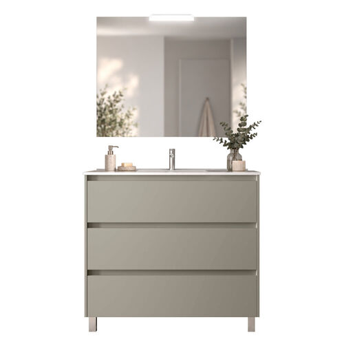 Santa Nova Badmöbel-Set Waschtisch mit Unterschrank bodenstehend, LED-Spiegel 100cm, Grau Satin