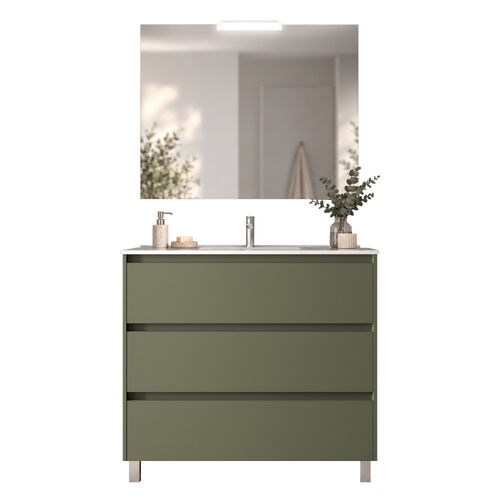 Santa Nova Badmöbel-Set Waschtisch mit Unterschrank bodenstehend, LED-Spiegel 100cm, Grün Satin