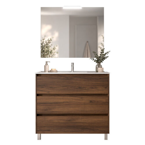 Santa Nova Badmöbel-Set Waschtisch mit Unterschrank bodenstehend, LED-Spiegel 100cm, Nussbaum