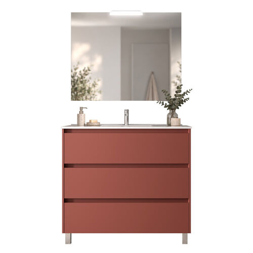 Santa Nova Badmöbel-Set Waschtisch mit Unterschrank bodenstehend, LED-Spiegel 100cm, Rot Satin
