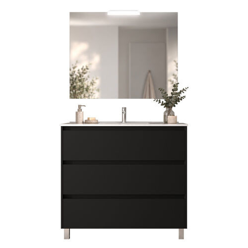 Santa Nova Badmöbel-Set Waschtisch mit Unterschrank bodenstehend, LED-Spiegel 100cm, Schwarz Satin