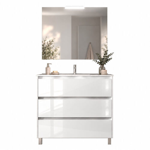 Santa Nova Badmöbel-Set Waschtisch mit Unterschrank bodenstehend, LED-Spiegel 100cm, Weiß Hochglanz