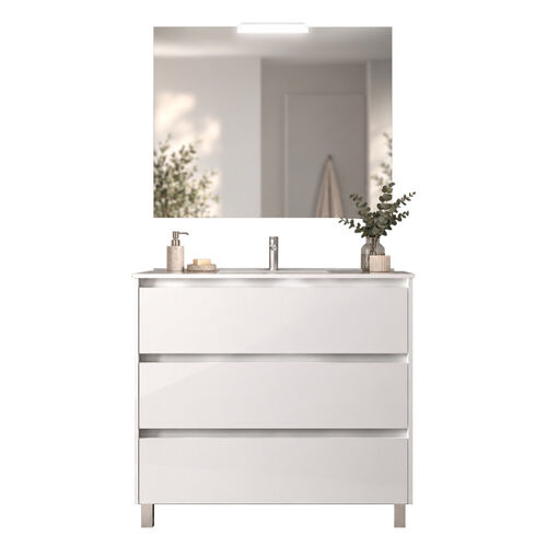 Santa Nova Badmöbel-Set Waschtisch mit Unterschrank bodenstehend, LED-Spiegel 100cm, Weiß Satin