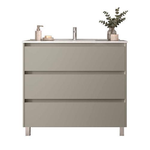 Santa Nova Badmöbel-Set Waschtisch mit Unterschrank bodenstehend 100cm, Grau Satin