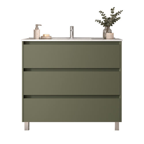 Santa Nova Badmöbel-Set Waschtisch mit Unterschrank bodenstehend 100cm, Grün Satin