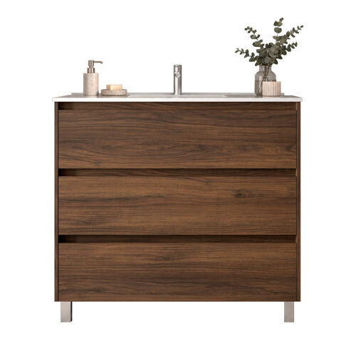 Santa Nova Badmöbel-Set Waschtisch mit Unterschrank bodenstehend 100cm, Nussbaum
