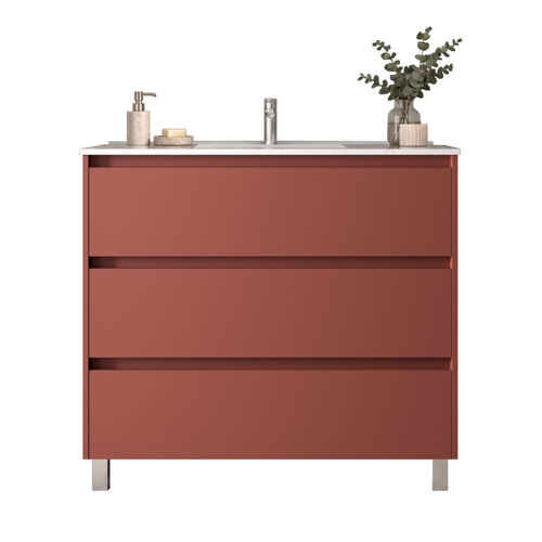 Santa Nova Badmöbel-Set Waschtisch mit Unterschrank bodenstehend 100cm, Rot Satin