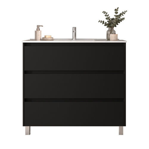 Santa Nova Badmöbel-Set Waschtisch mit Unterschrank bodenstehend 100cm, Schwarz Satin
