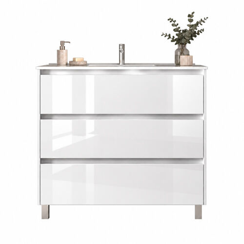 Santa Nova Badmöbel-Set Waschtisch mit Unterschrank bodenstehend 100cm, Weiß Hochglanz
