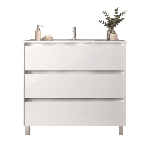 Santa Nova Badmöbel-Set Waschtisch mit Unterschrank bodenstehend 100cm, Weiß Satin