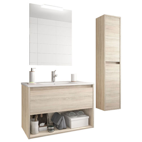 Salgar Eco Noja Komplett Set Waschplatz LED-Spiegel und Hochschrank, Kaledonien Eiche, 60-100cm