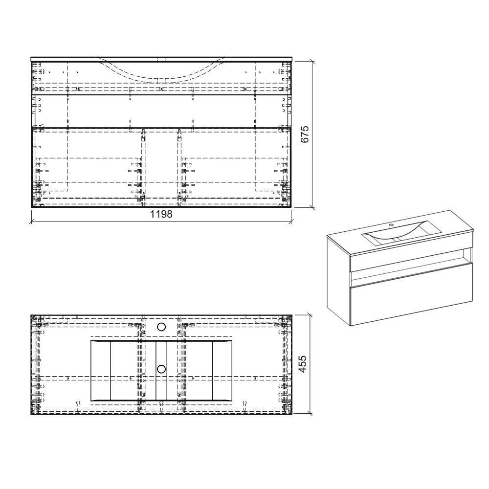 Comad Bahama Waschtischunterschrank 120 x 68 x 46 cm, Weiß-Hochglanz