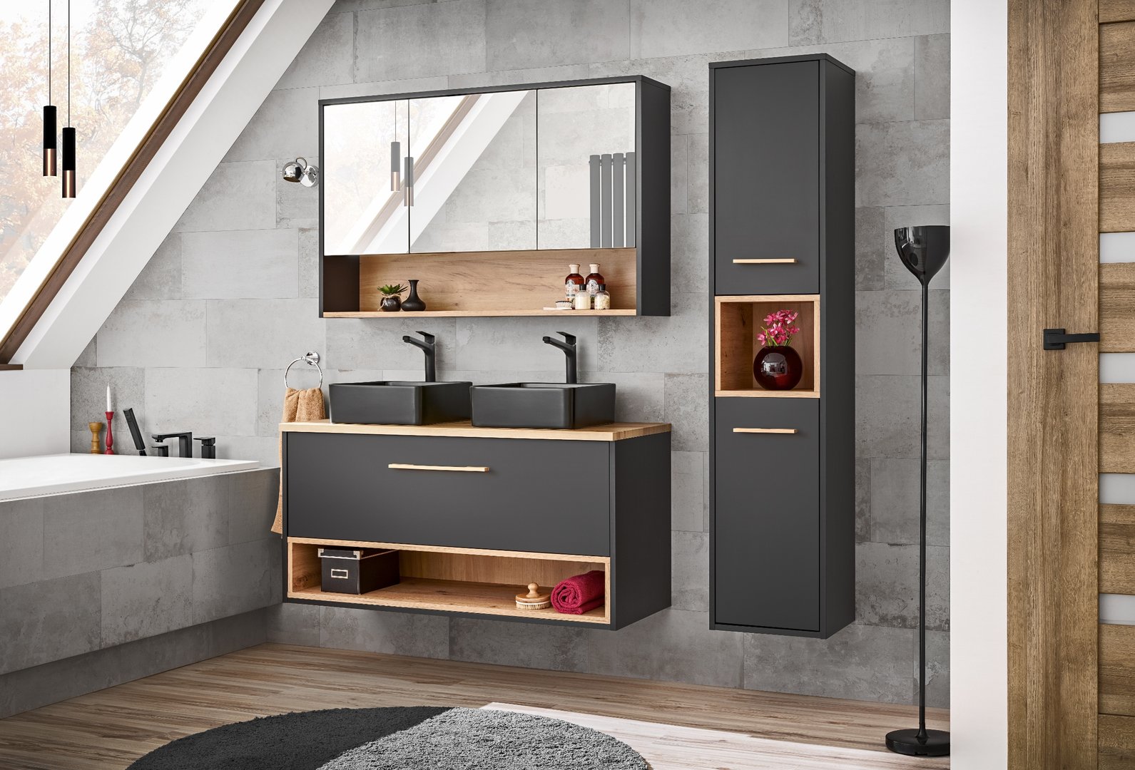 Comad Borneo Aufsatzwaschtische mit Unterschrank 120cm, Grau-Schwarz