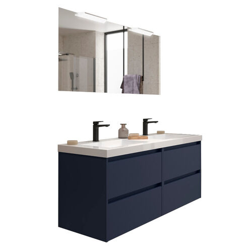 Santa Nova Set aus Doppelwaschtisch, Unterschränke und LED-Spiegel, 140cm, Blau Satin