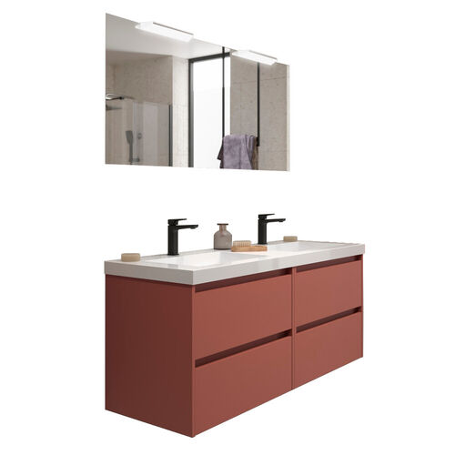 Santa Nova Set aus Doppelwaschtisch, Unterschränke und LED-Spiegel, 140cm, Rot Satin