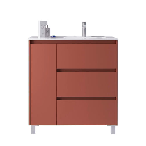 Santa Nova Waschtisch mit Unterschrank bodenstehend  mit Ablage links, 90cm, Rot Satin