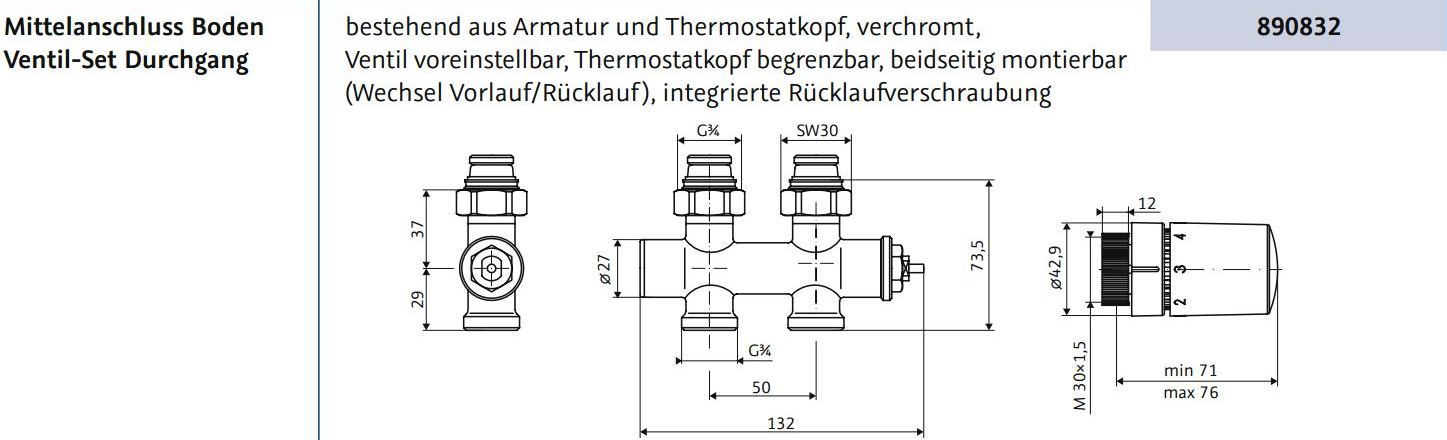 HSK-Anschluss-Set-Mittelanschluss-Boden-Ventil-Set-Durchgang-890832